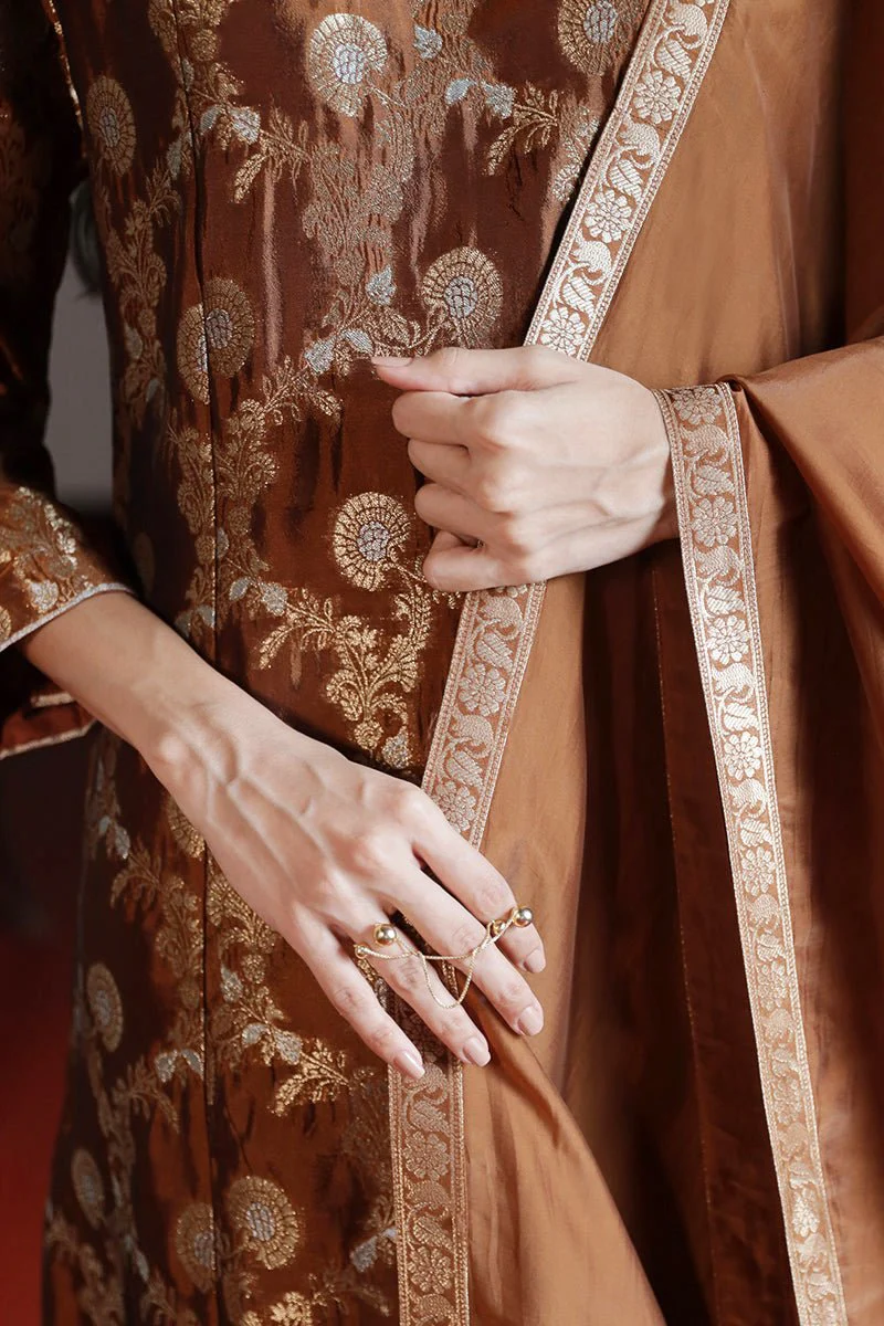 Argan Oil Brown Woven Silk Salwar Suit - Image 3