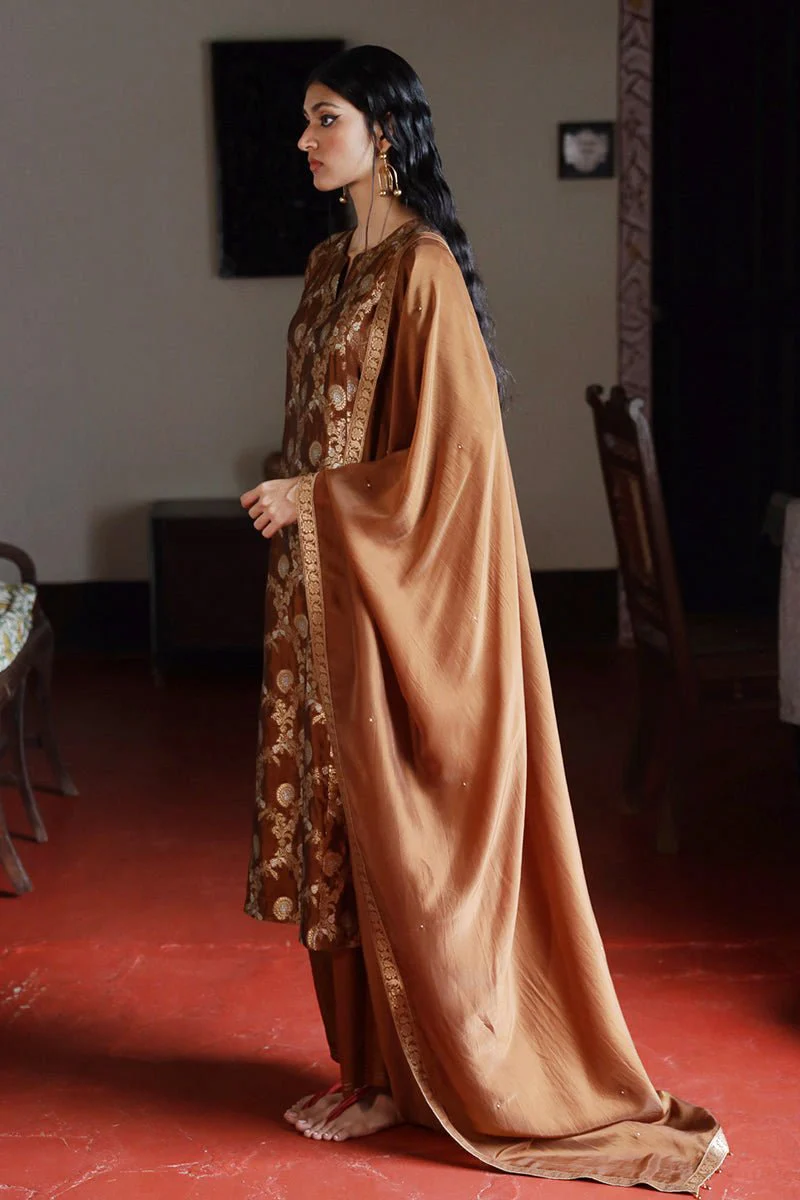 Argan Oil Brown Woven Silk Salwar Suit - Image 5