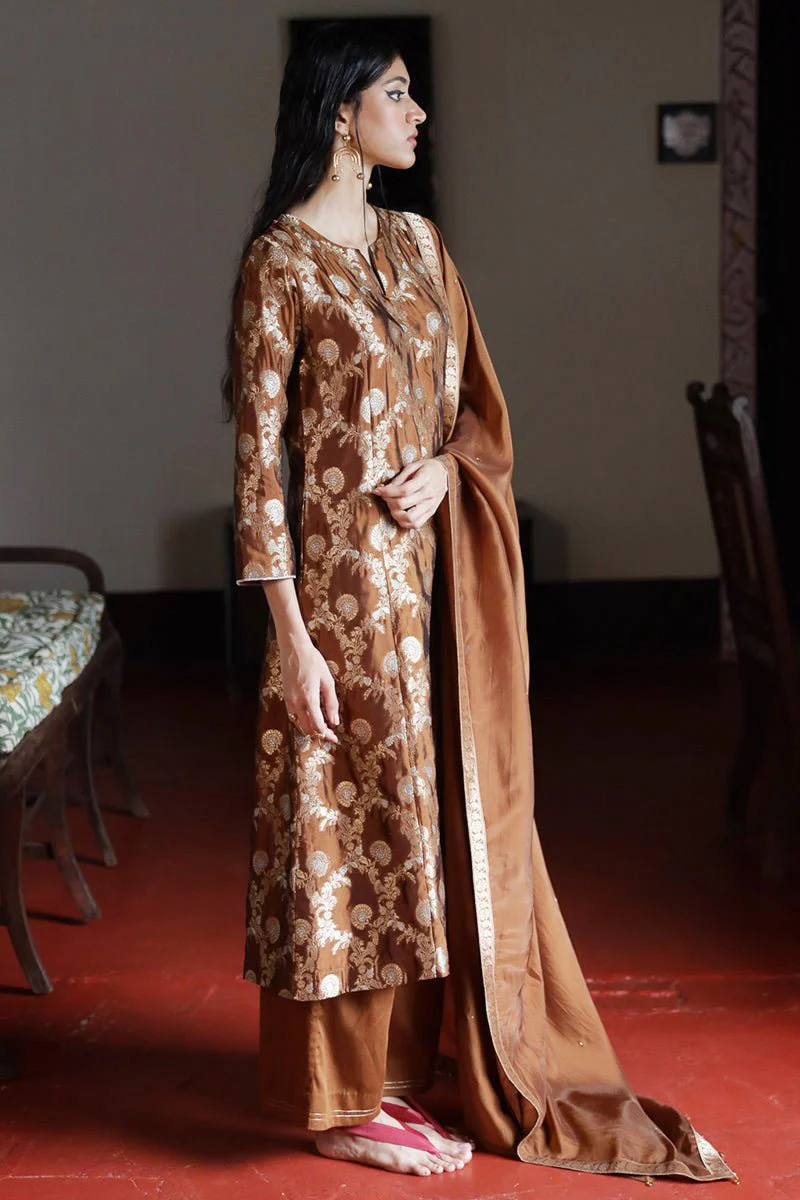 Argan Oil Brown Woven Silk Salwar Suit - Image 6