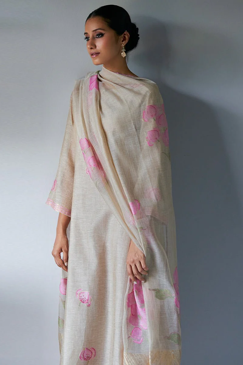 Beige and Pink Woven Kurta Suit Set With Delicate Hand Work Detailing - Image 3