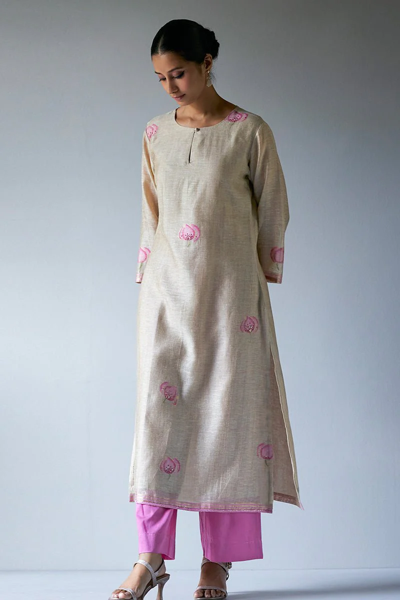 Beige and Pink Woven Kurta Suit Set With Delicate Hand Work Detailing - Image 5