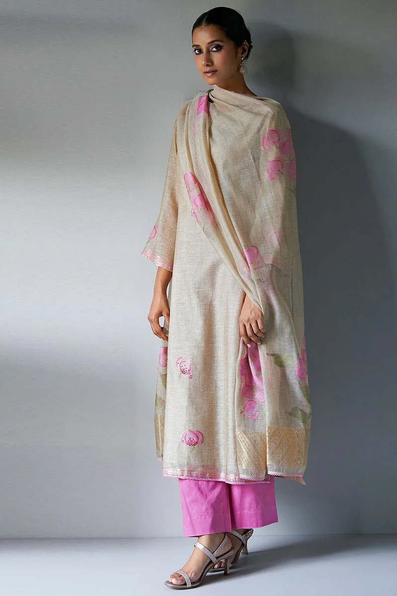 Beige and Pink Woven Kurta Suit Set With Delicate Hand Work Detailing - Image 6