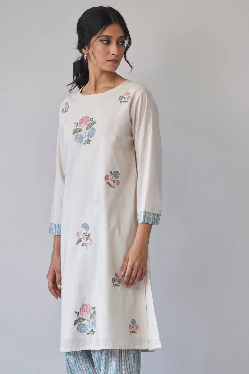 Beige Embroidered Cotton Kurta With Printed Salwar - Image 5