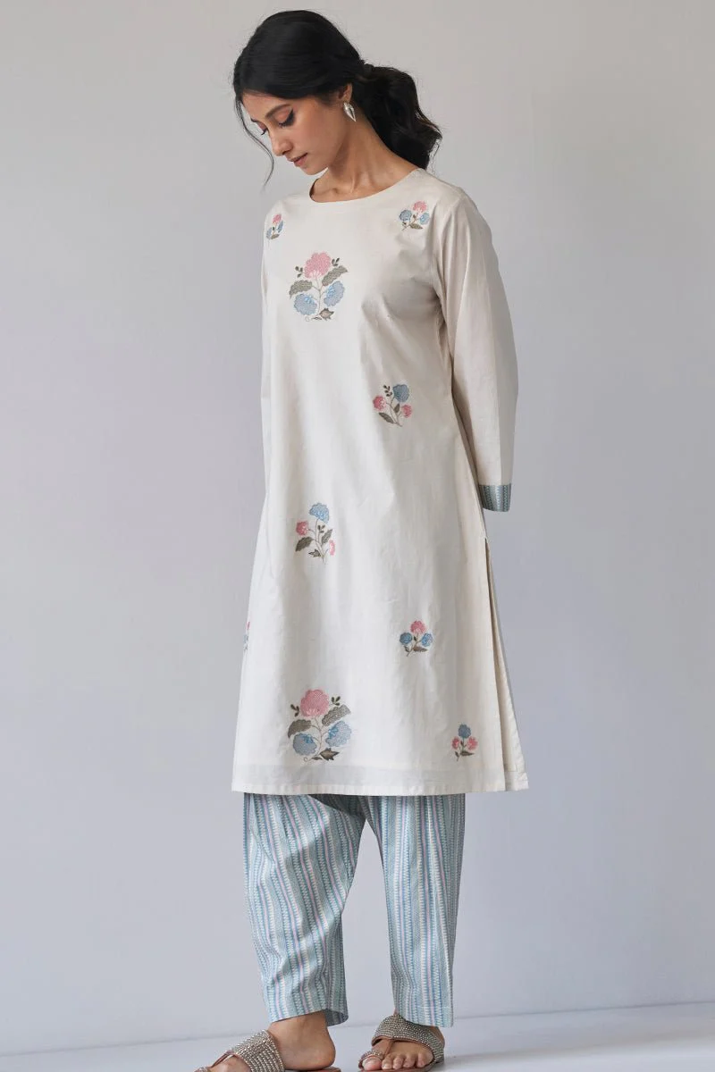 Beige Embroidered Cotton Kurta With Printed Salwar - Image 6