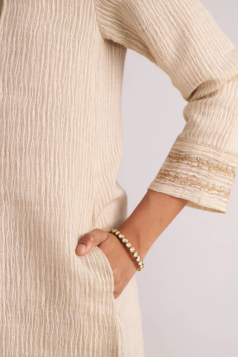 Beige Woven Kurta Set - Image 3