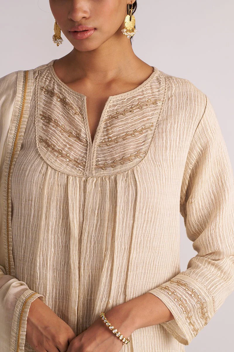 Beige Woven Kurta Set - Image 4