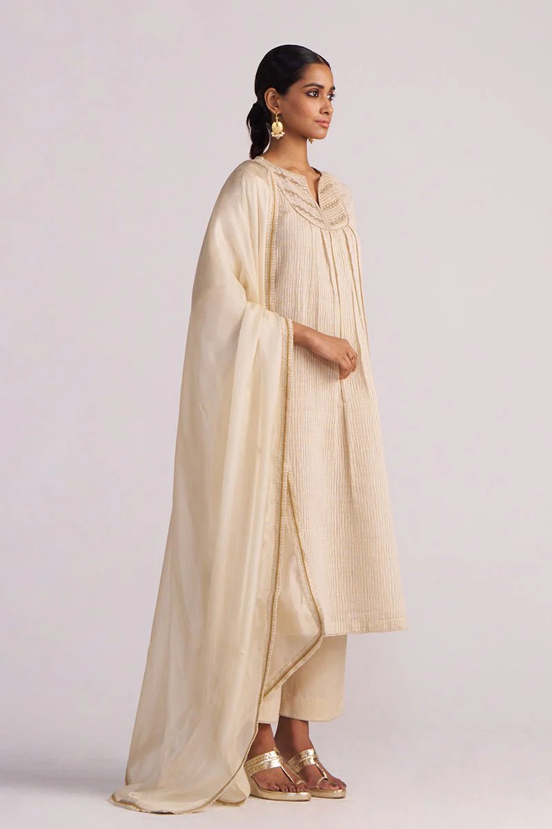 Beige Woven Kurta Set - Image 5
