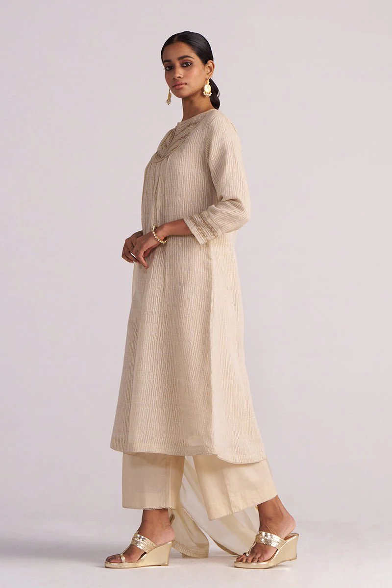 Beige Woven Kurta Set - Image 6