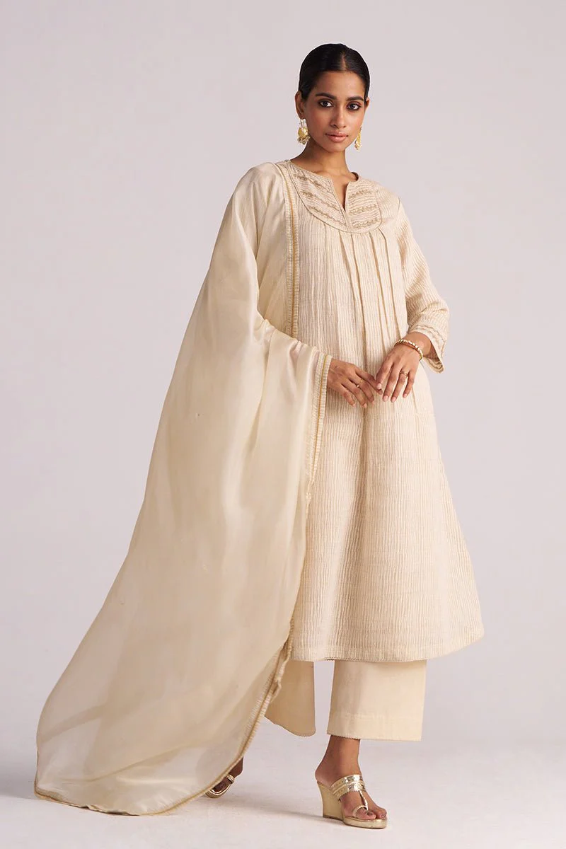 Beige Woven Kurta Set - Image 7