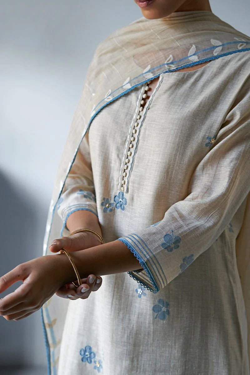 Beige Woven Kurta Suit Set With Delicate Hand Work Detailing - Image 3