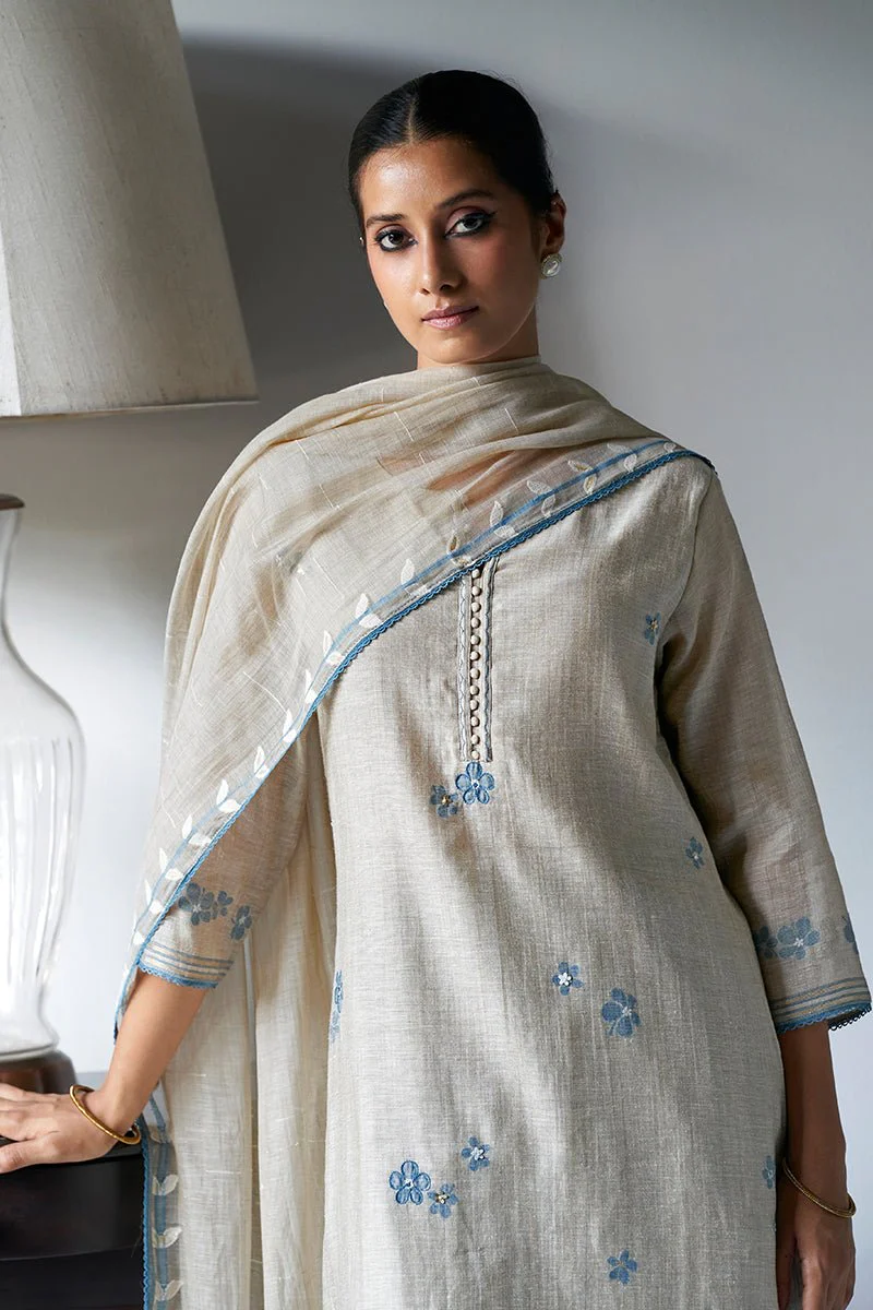 Beige Woven Kurta Suit Set With Delicate Hand Work Detailing - Image 4