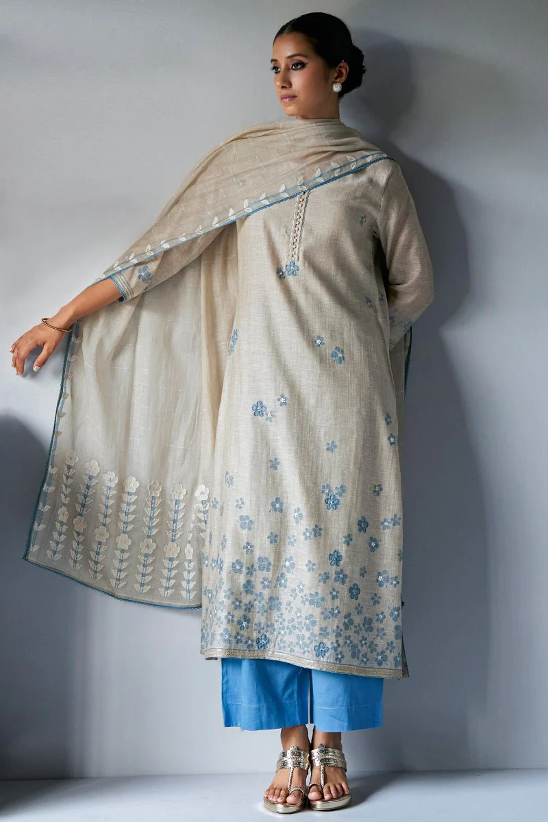 Beige Woven Kurta Suit Set With Delicate Hand Work Detailing - Image 7