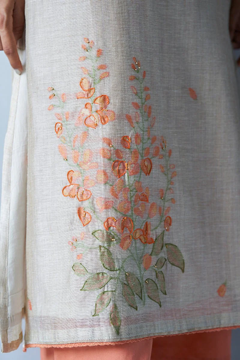 Beige Woven Kurta Suit Set With Delicate Hand Work Detailing and Embroidery Placket - Image 5