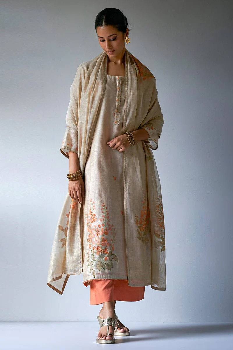 Beige Woven Kurta Suit Set With Delicate Hand Work Detailing and Embroidery Placket - Image 6