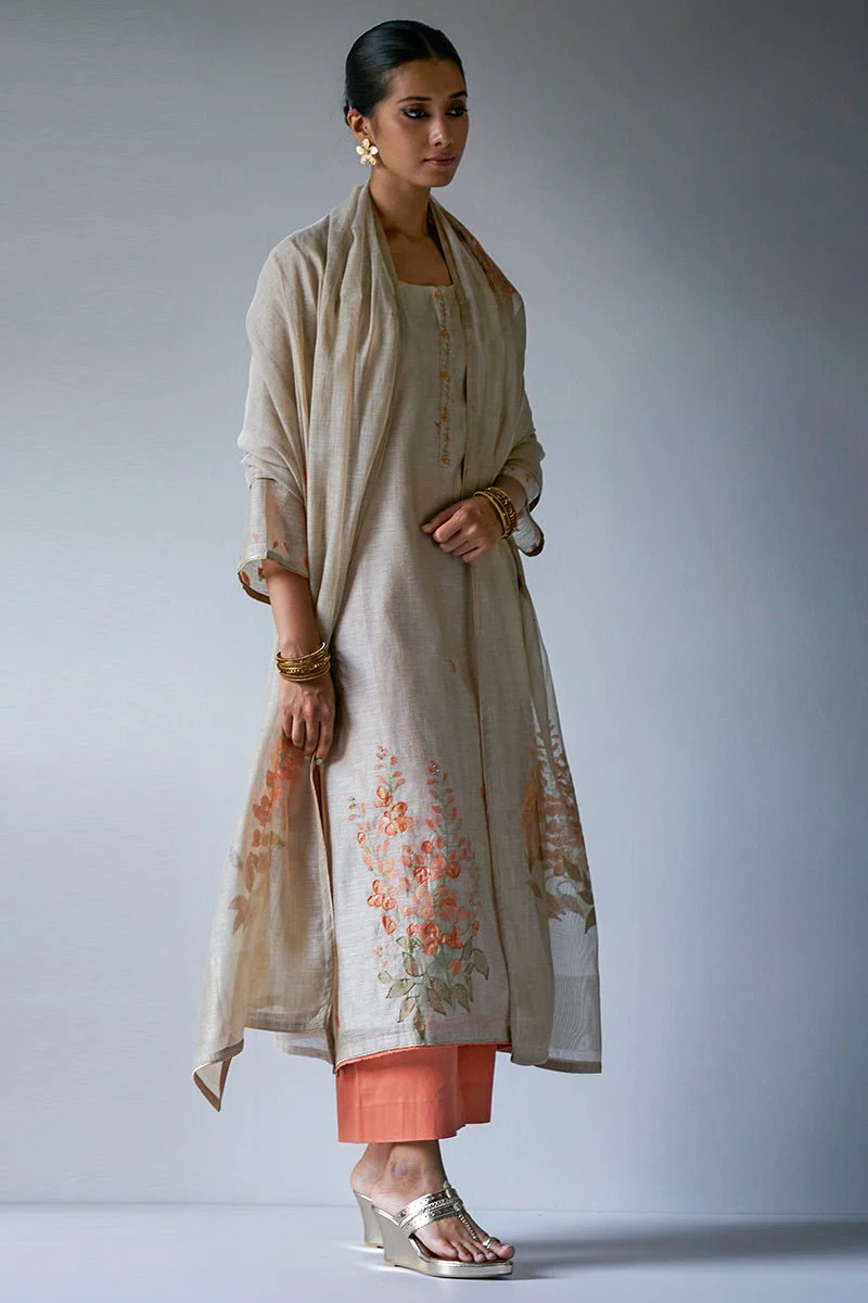 Beige Woven Kurta Suit Set With Delicate Hand Work Detailing and Embroidery Placket - Image 7