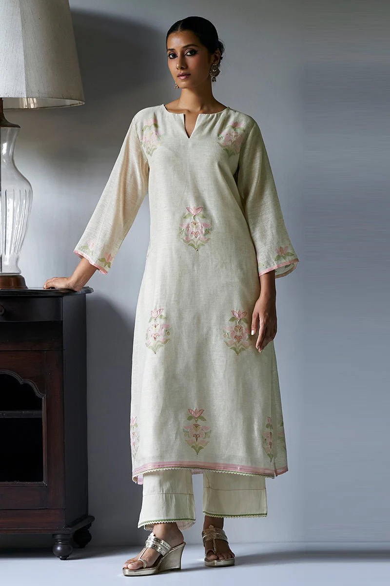 Birch Cream Woven Kurta Suit Set With Hand Work Detailing - Image 3