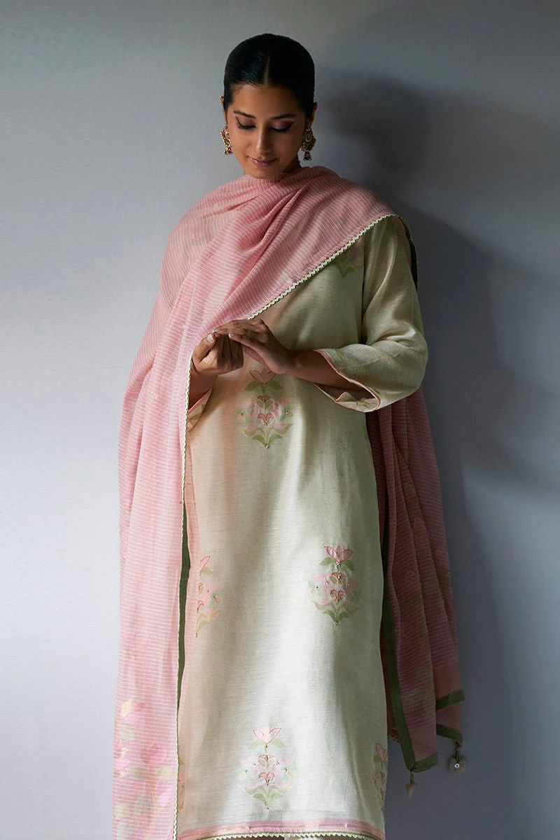 Birch Cream Woven Kurta Suit Set With Hand Work Detailing - Image 5