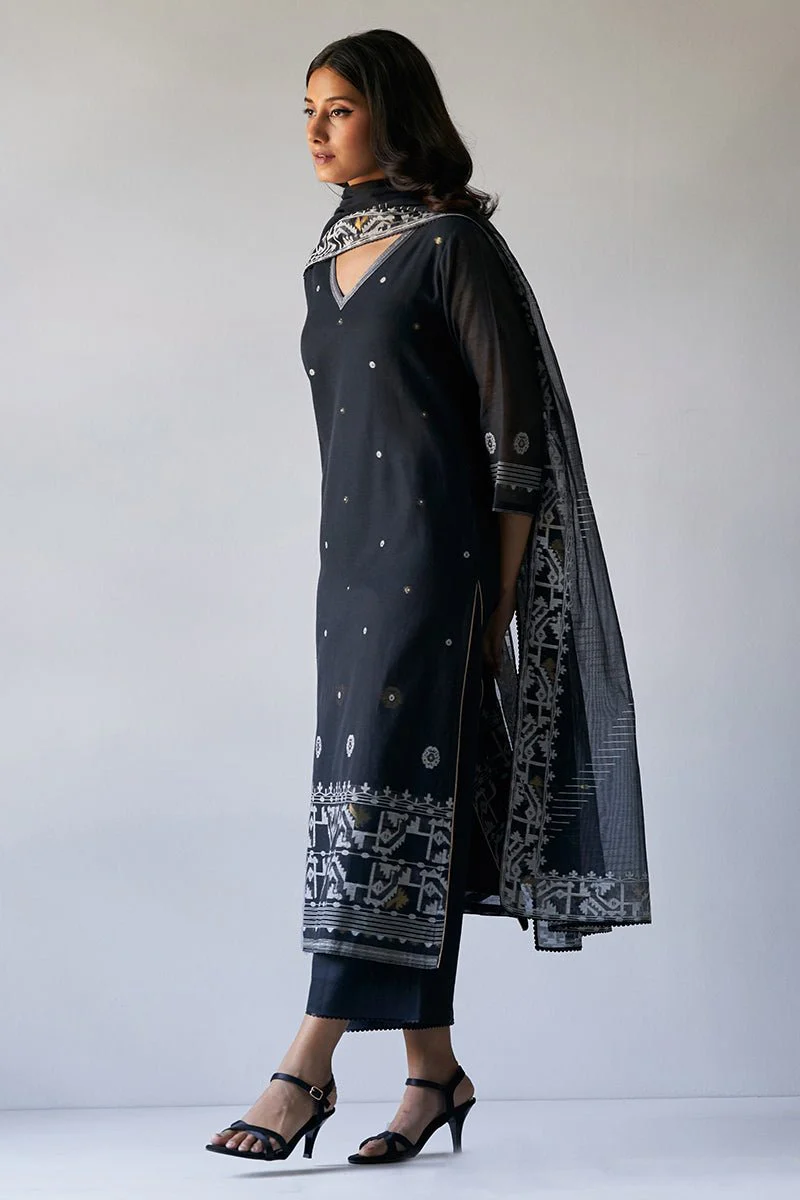Black Woven Kurta With Viscose Chanderi Dupatta - Image 5