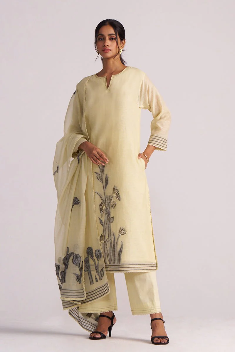 Butter Yellow Chanderi Woven Kurta Set - Image 10