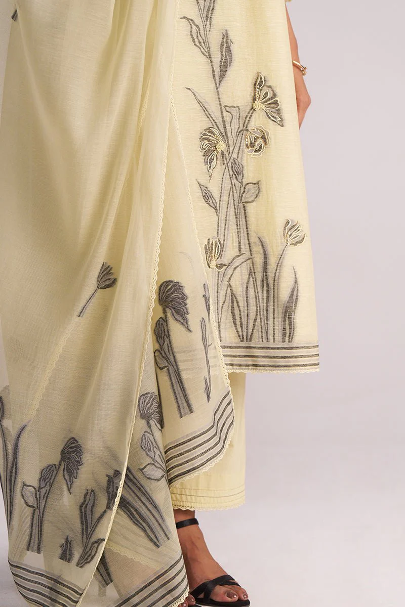 Butter Yellow Chanderi Woven Kurta Set - Image 3