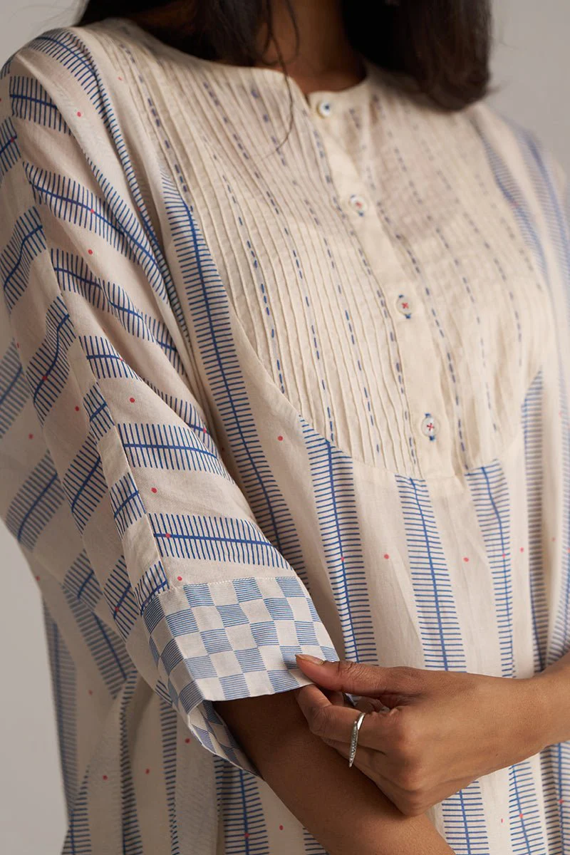 Cream and Blue Mul Chanderi Co-ord Set - Image 3