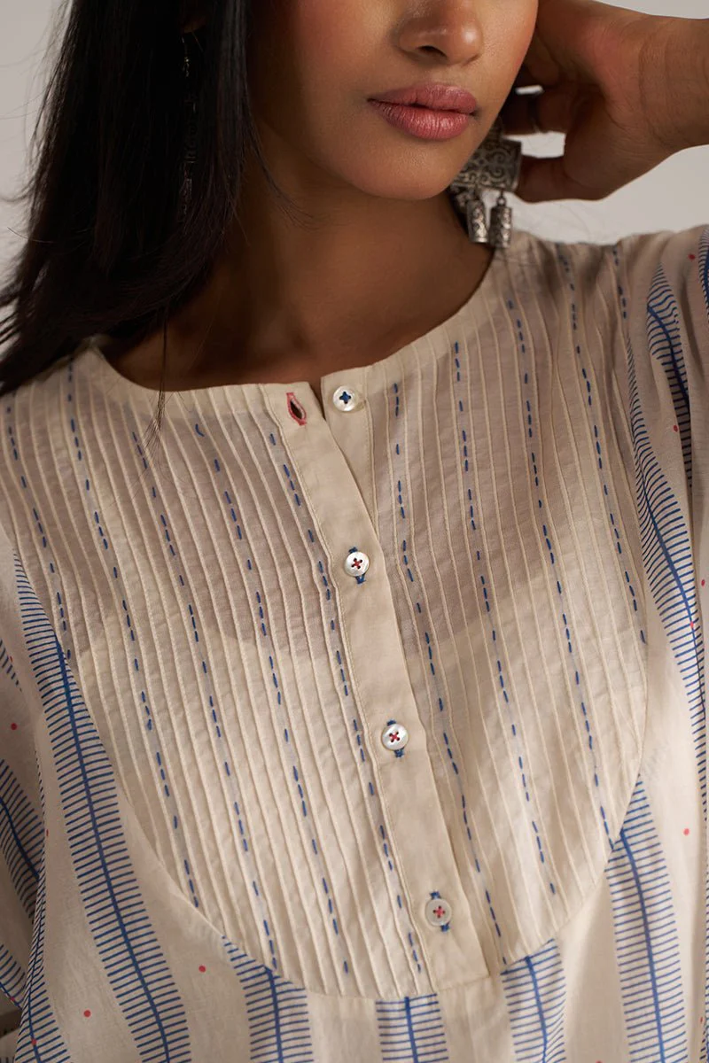 Cream and Blue Mul Chanderi Co-ord Set - Image 4