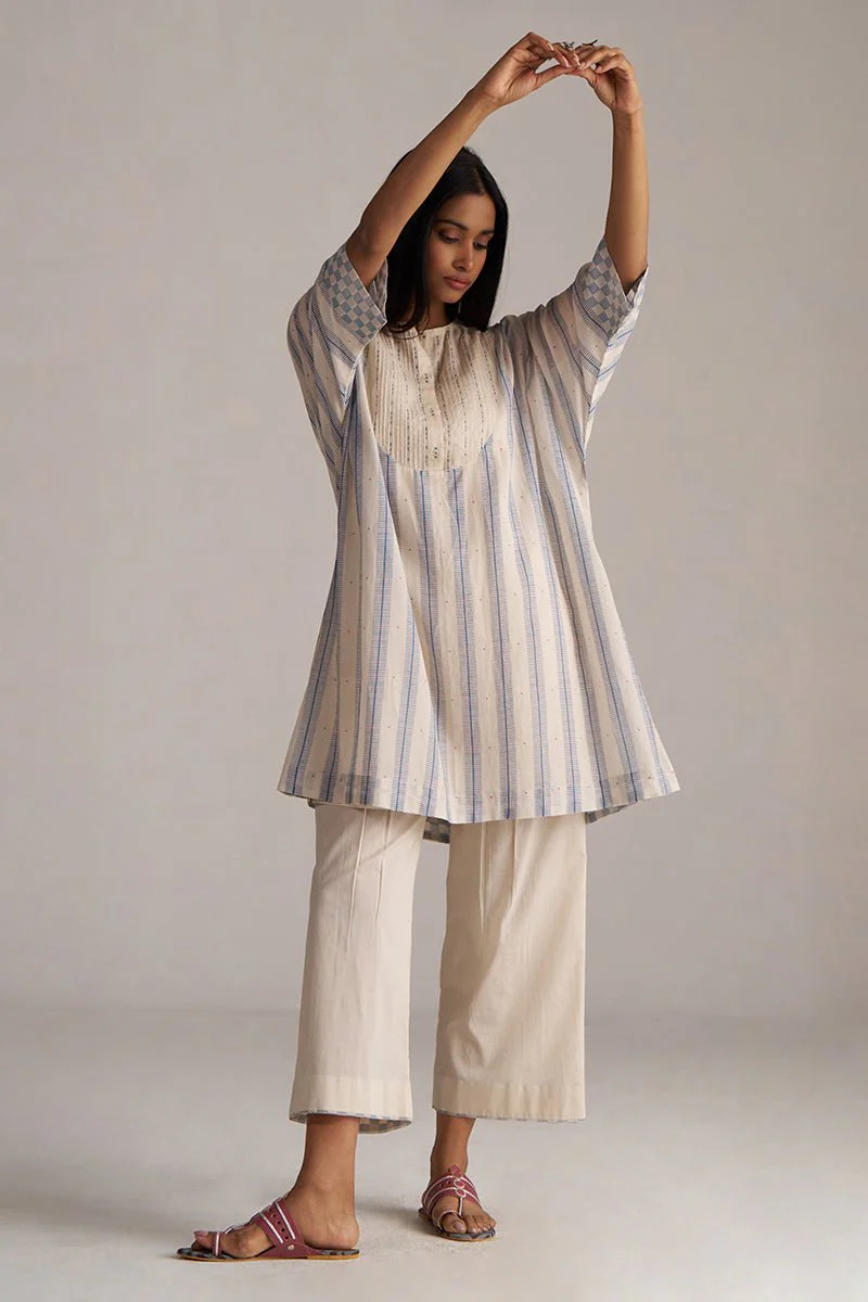 Cream and Blue Mul Chanderi Co-ord Set - Image 7