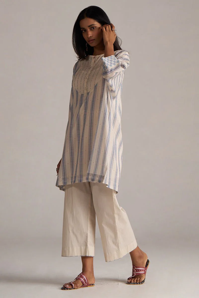 Cream and Blue Mul Chanderi Co-ord Set - Image 8