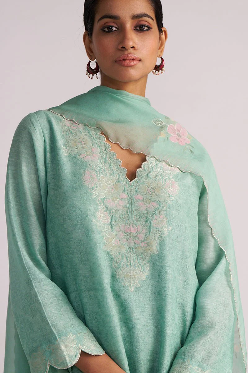 Dusty Jade Green Woven Silk Kurta Set - Image 3
