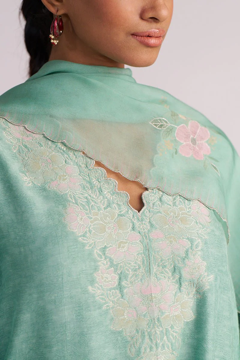 Dusty Jade Green Woven Silk Kurta Set - Image 4