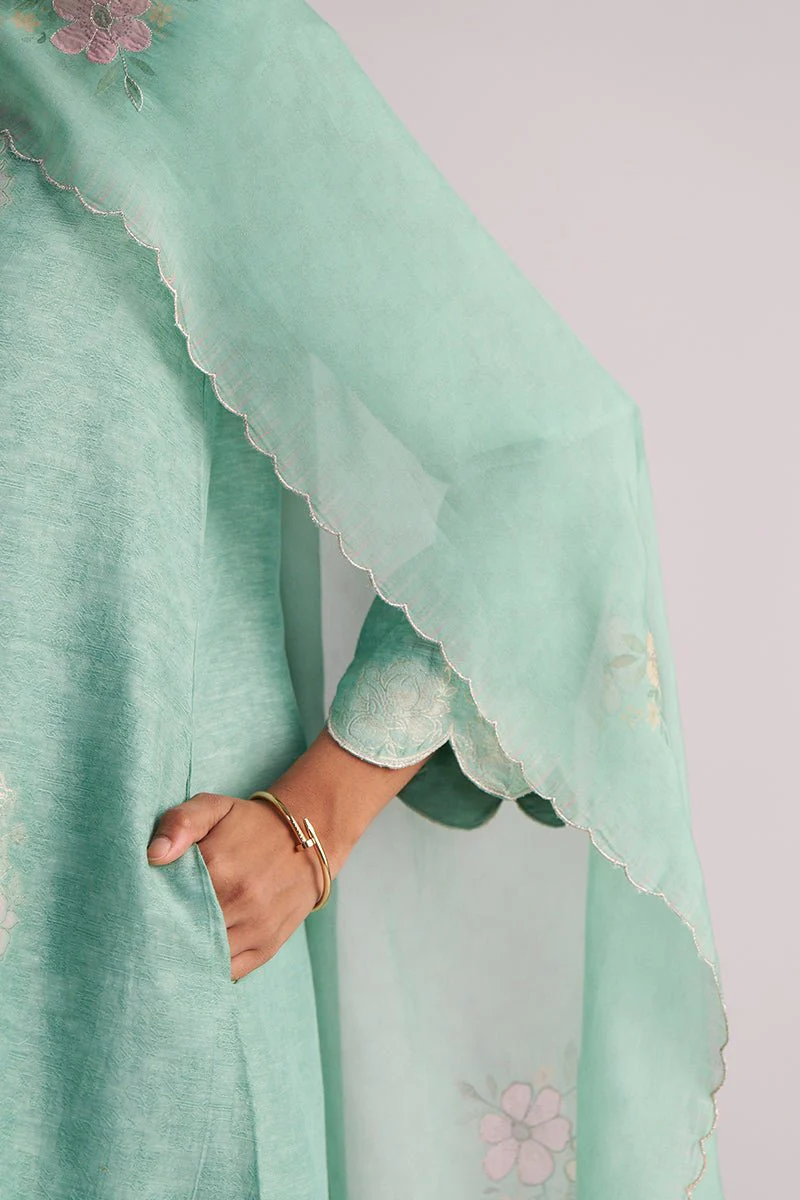 Dusty Jade Green Woven Silk Kurta Set - Image 5