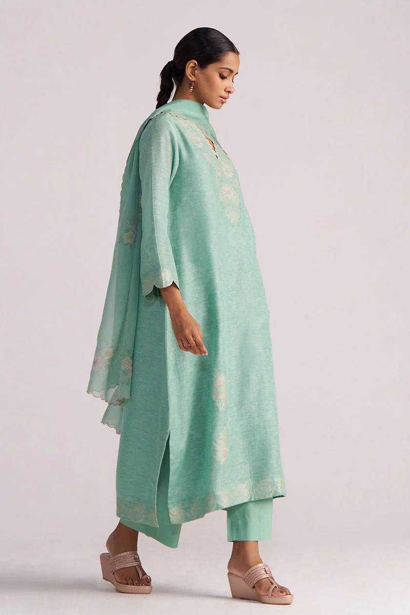 Dusty Jade Green Woven Silk Kurta Set - Image 6