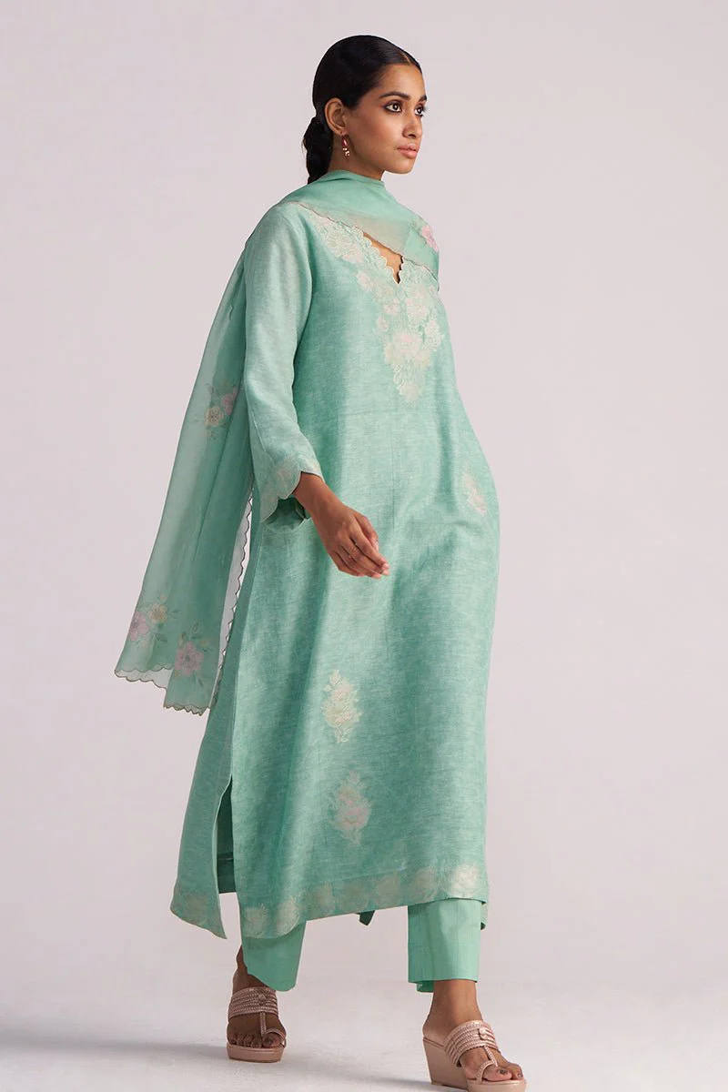 Dusty Jade Green Woven Silk Kurta Set - Image 7