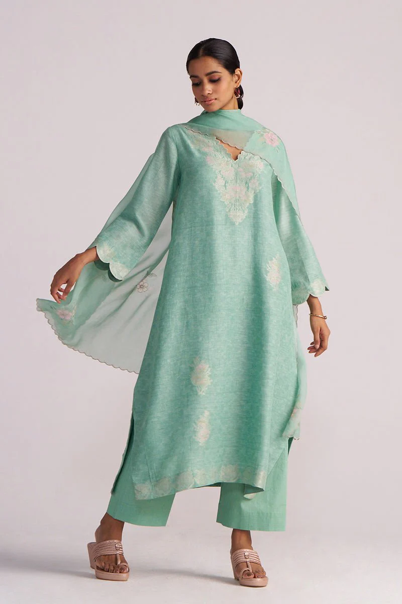 Dusty Jade Green Woven Silk Kurta Set - Image 8