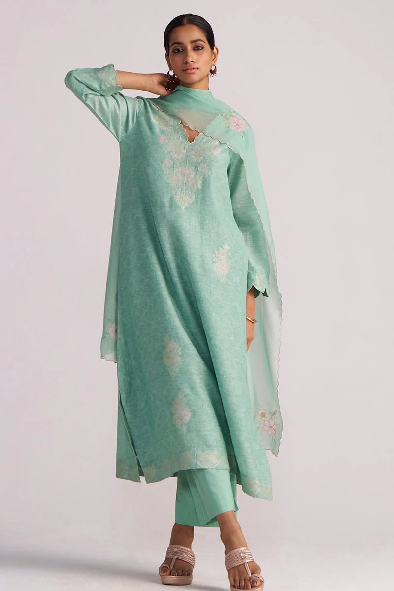 Dusty Jade Green Woven Silk Kurta Set - Image 9