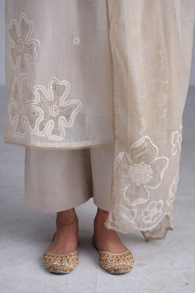 Fog Beige Woven Kurta And Contrast Dupatta With Hand Work Detailing - Image 4