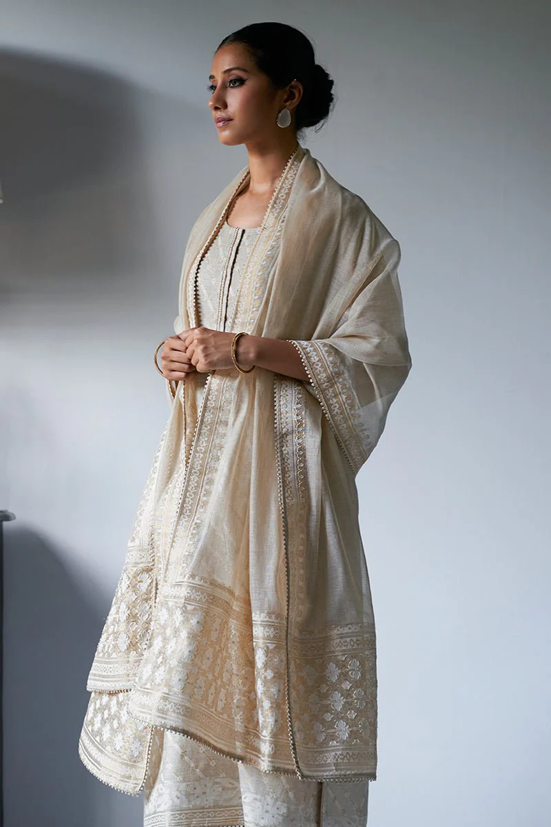 Fog Beige Woven Zari Kurta Suit Set With Delicate Embroidery Detailing - Image 5