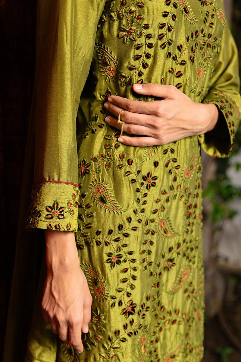 Green Olive Full Embroidered Raw Silk Kurta Set - Image 3