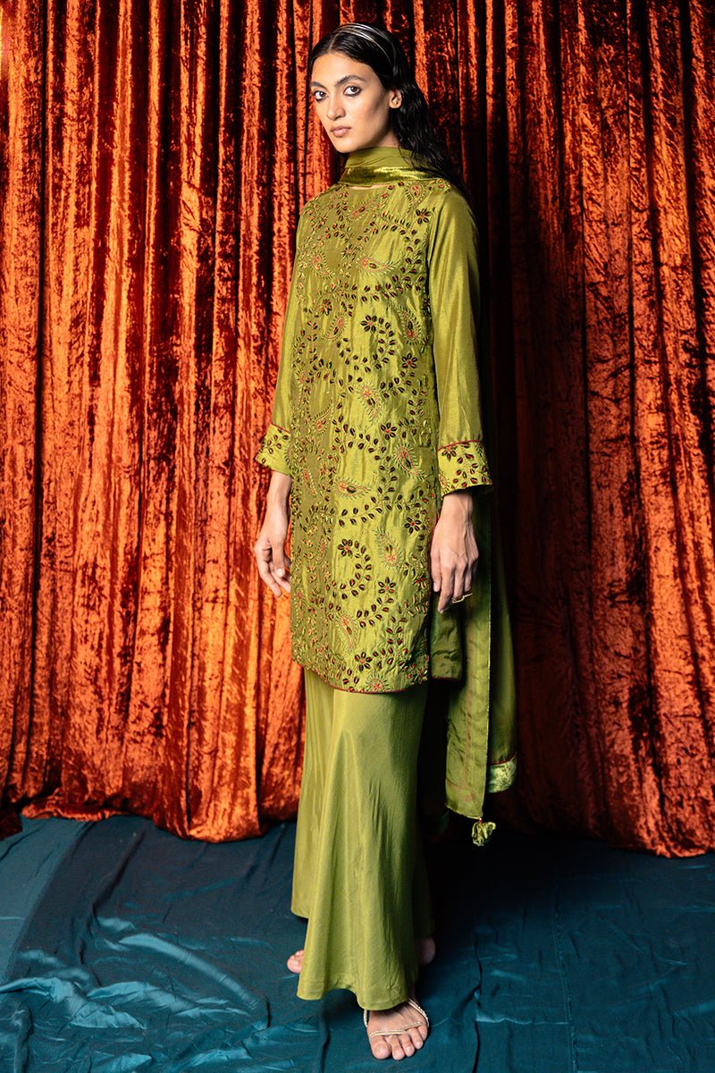 Green Olive Full Embroidered Raw Silk Kurta Set - Image 4