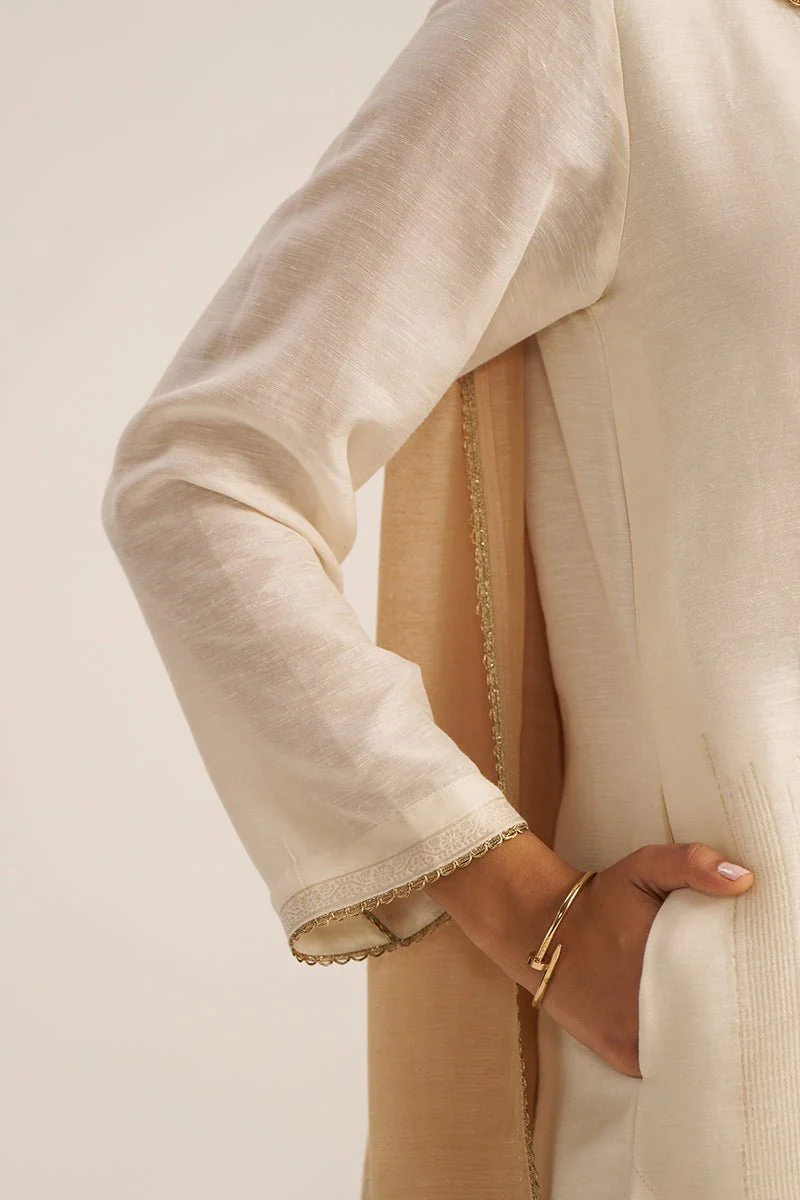 Ivory and Beige Woven Linen Salwar Suit - Image 3