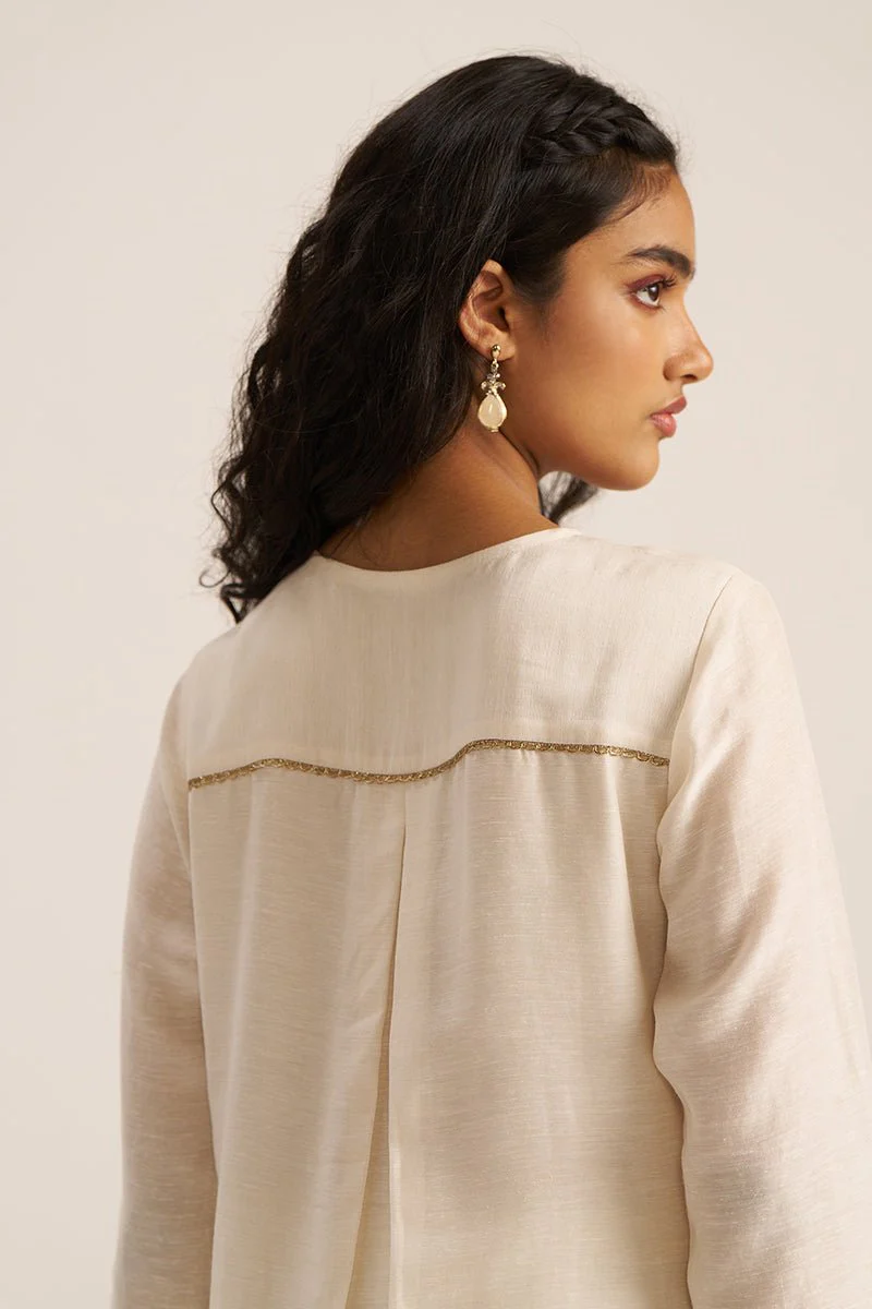 Ivory and Beige Woven Linen Salwar Suit - Image 4