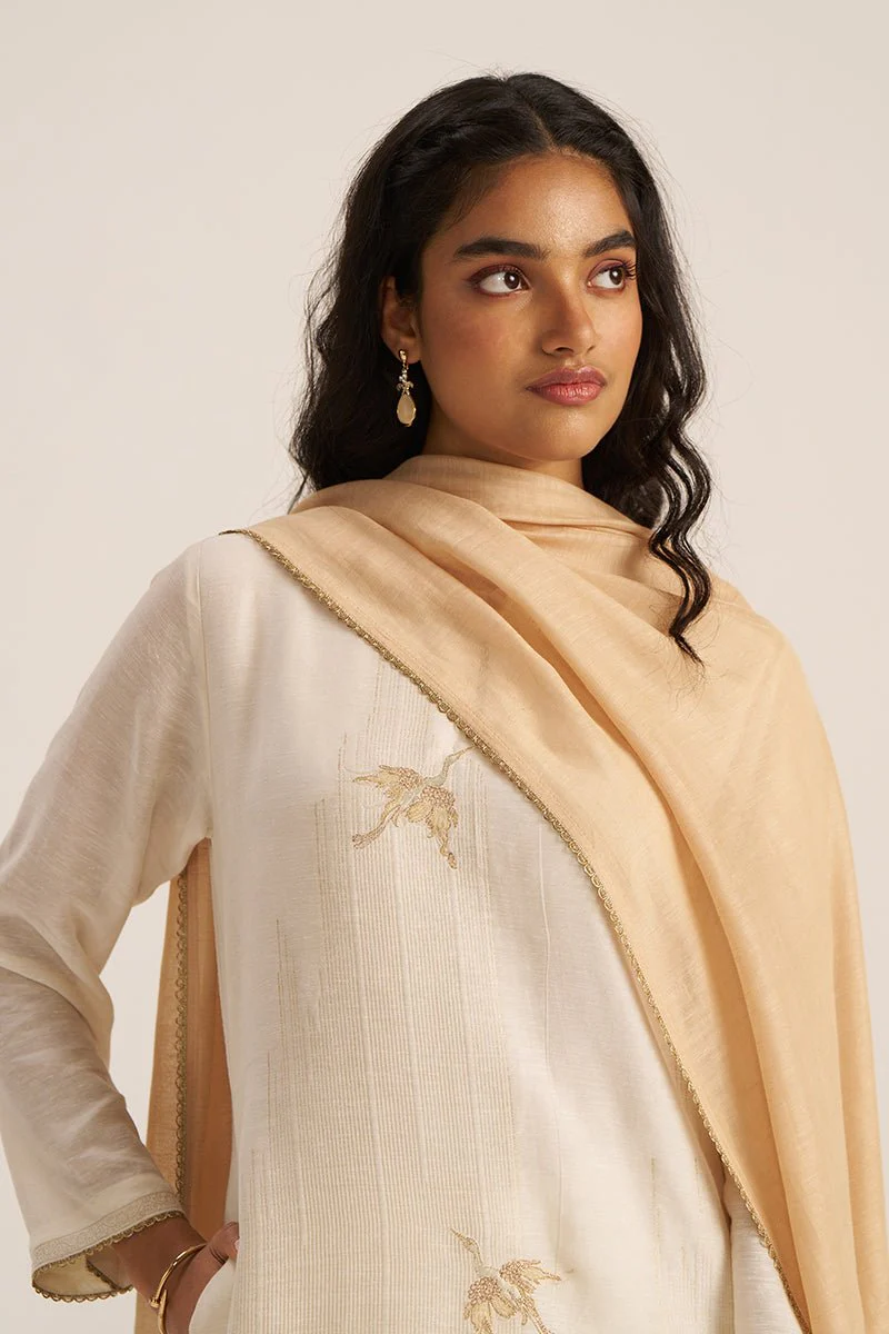 Ivory and Beige Woven Linen Salwar Suit - Image 5