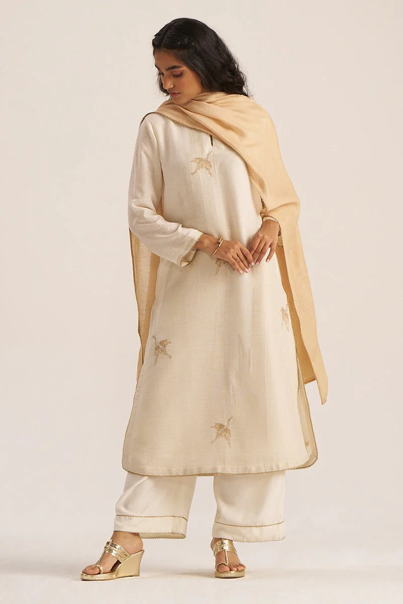 Ivory and Beige Woven Linen Salwar Suit - Image 7