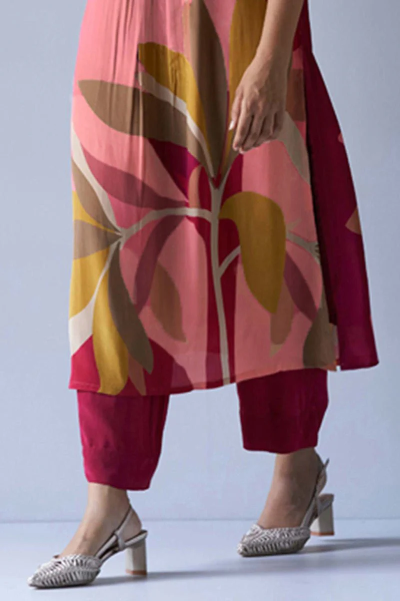 Maroon and Peach Crepe Silk Printed Co-ord Set - Image 3