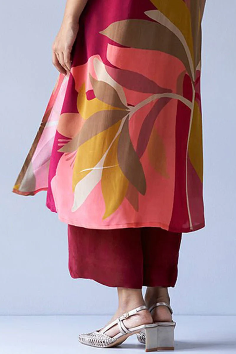 Maroon and Peach Crepe Silk Printed Co-ord Set - Image 4