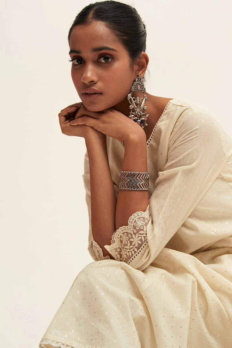 Off White Silver Woven Kurta With Foil Printed Cotton Dupatta - Image 6