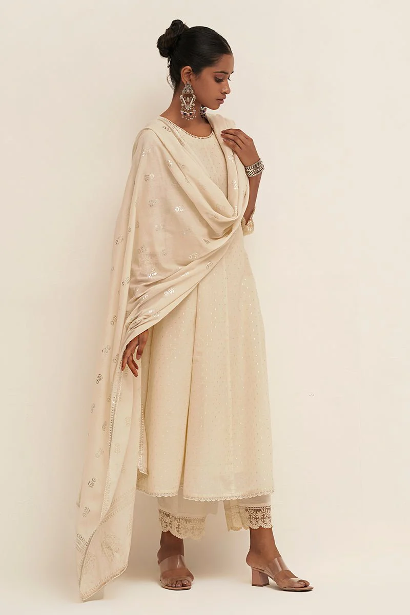 Off White Silver Woven Kurta With Foil Printed Cotton Dupatta - Image 7