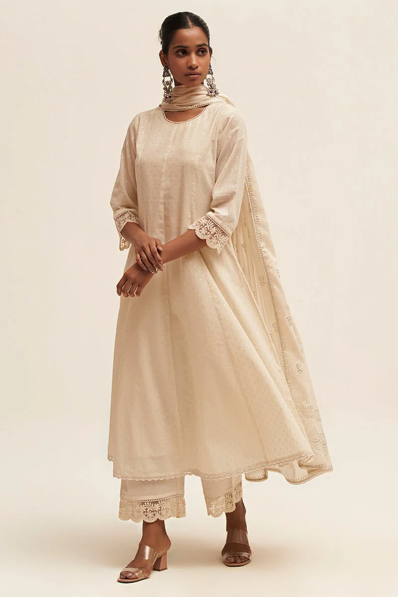 Off White Silver Woven Kurta With Foil Printed Cotton Dupatta - Image 8