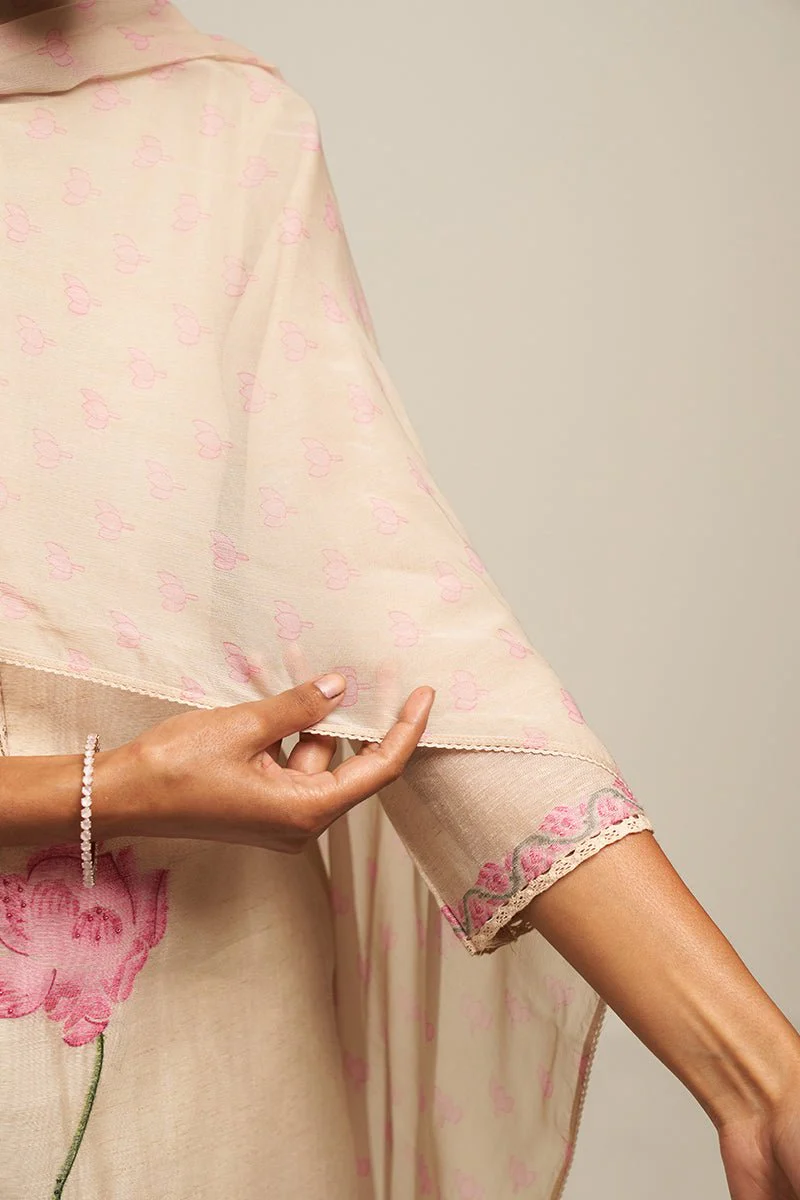 Parchment Beige Cotton Linen Woven Kurta With Lotus Printed Chiffon Dupatta - Image 3
