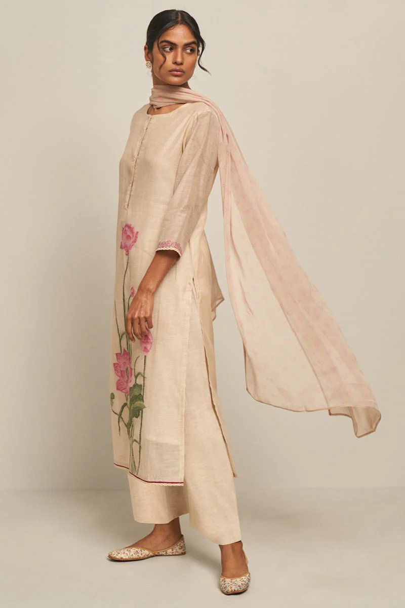 Parchment Beige Cotton Linen Woven Kurta With Lotus Printed Chiffon Dupatta - Image 6
